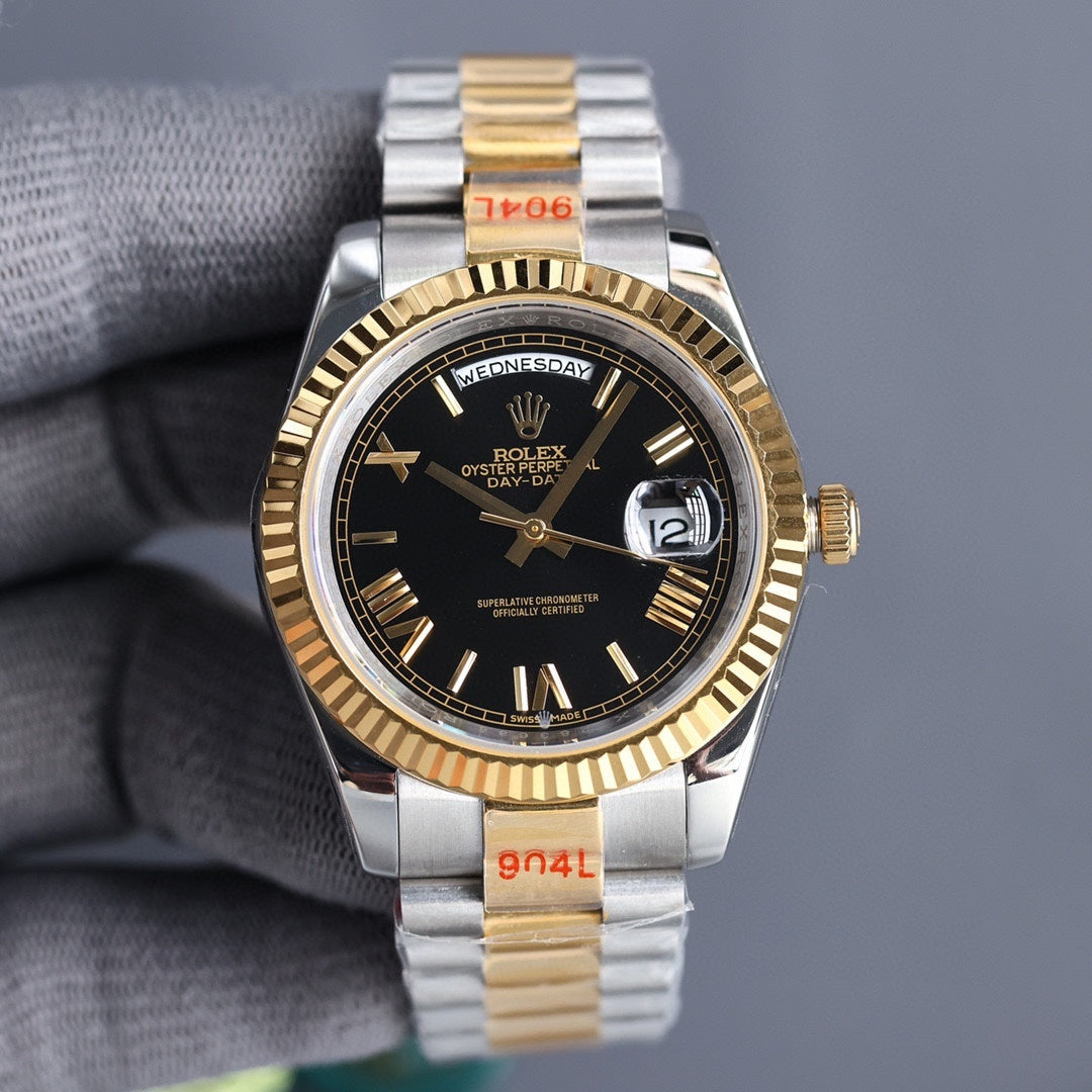 Two-tone Rolex watch with black dial and gold bezel, date display, steel bracelet