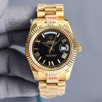 Rolex Day-Date watch with black dial and gold-tone metal bracelet
