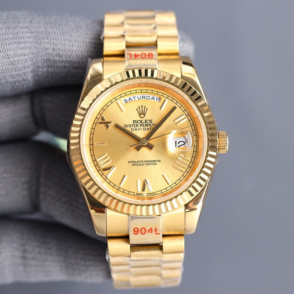 Rolex Day-Date watch with champagne dial and gold-tone metal bracelet