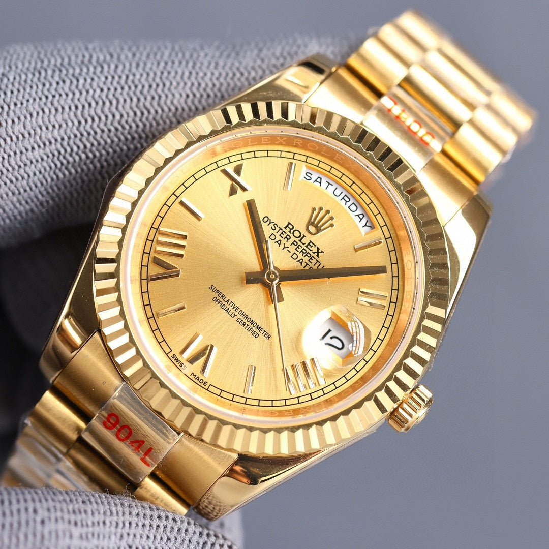 Rolex Day-Date watch with champagne dial and gold-tone metal bracelet