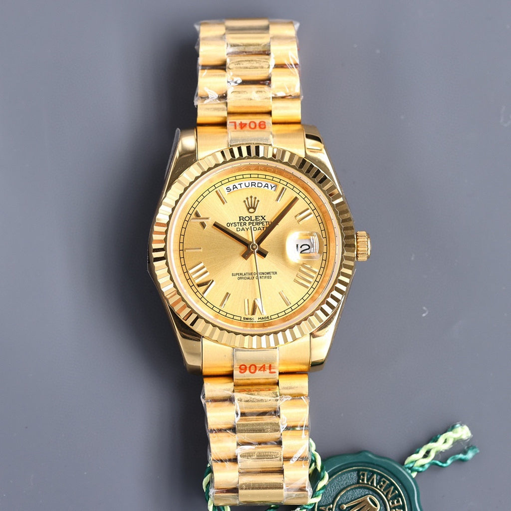 Rolex Day-Date watch with champagne dial and gold-tone metal bracelet