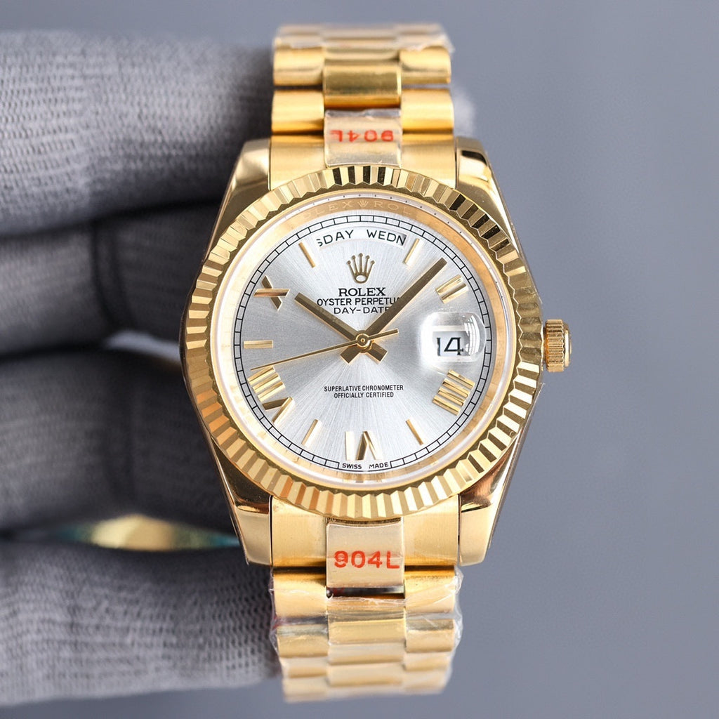 Rolex Day-Date watch with light dial and gold-tone metal bracelet
