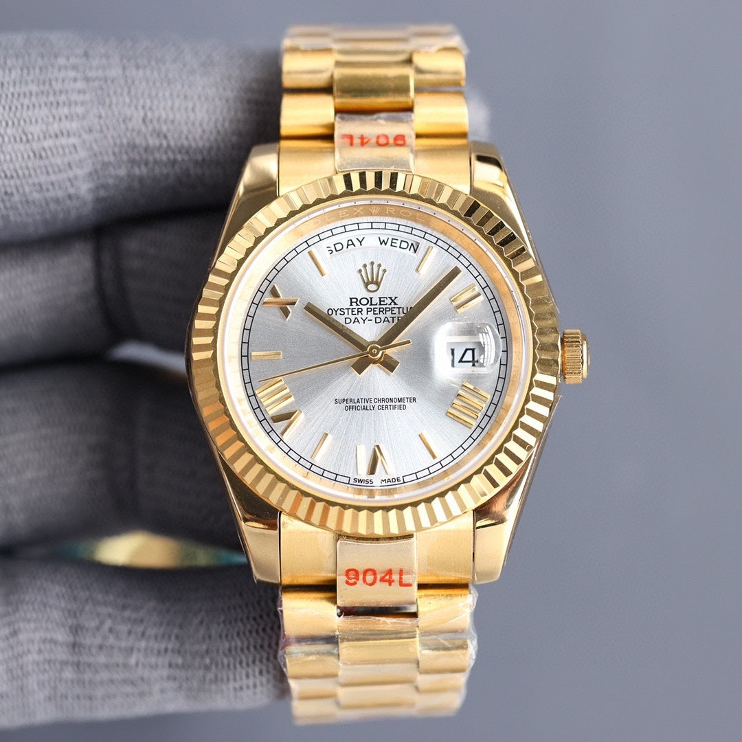 Rolex Day-Date watch with light dial and gold-tone metal bracelet