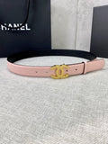 Pale pink leather belt with gold CC buckle, adjustable strap and pin holes.