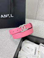 Chanel pink leather belt with silver CC buckle and perforated strap