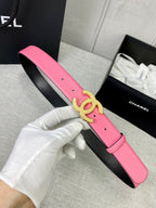 Chanel pink leather belt with gold CC buckle and punched holes