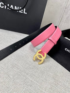 Chanel pink leather belt with gold CC buckle and keeper strap