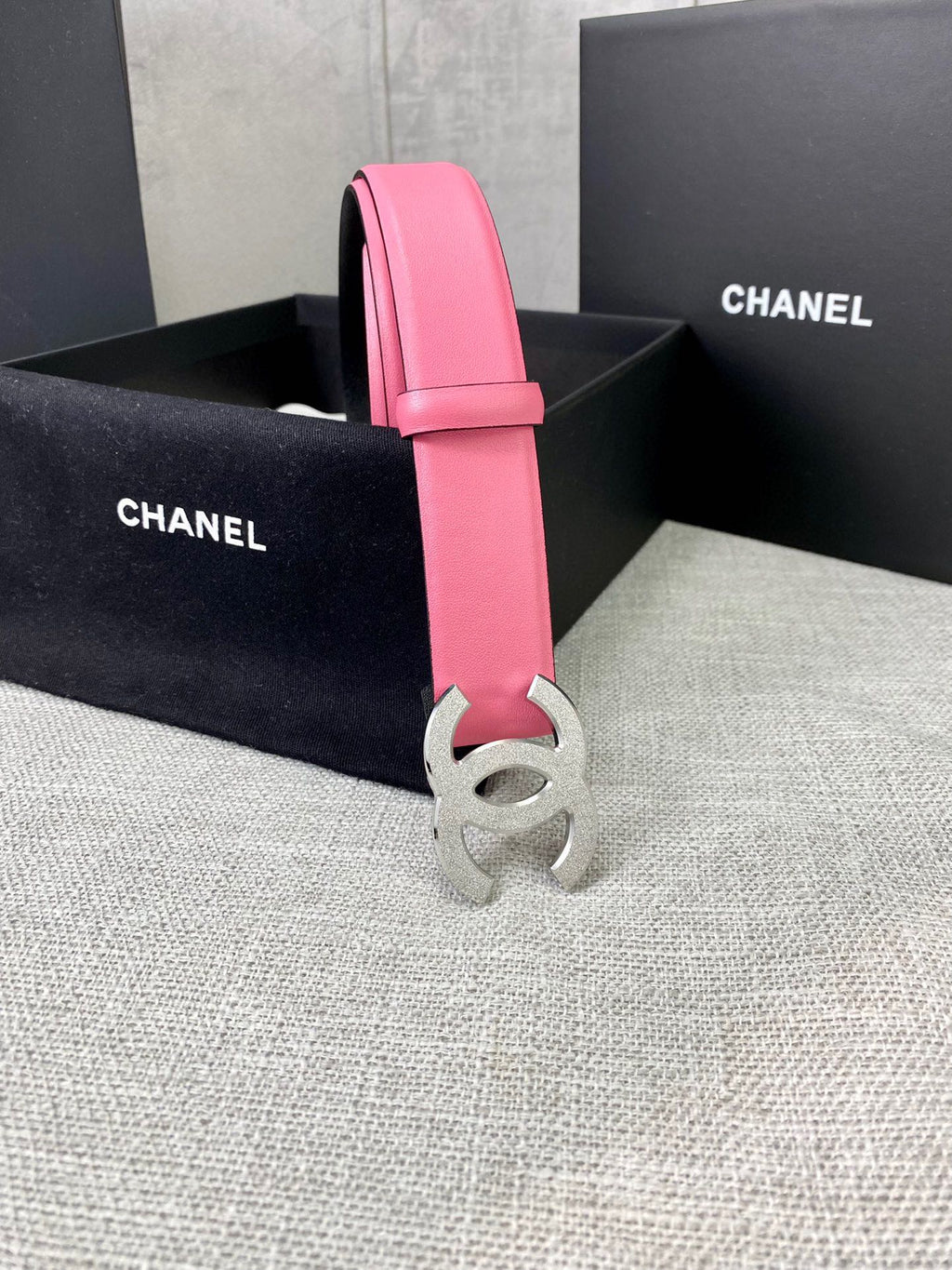 Chanel pink leather belt with silver CC clasp and matching keeper loop