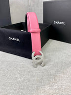 Chanel pink leather belt with silver CC clasp and matching keeper loop