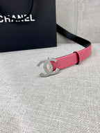 Chanel pink leather belt with silver CC buckle detail