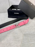 Chanel pink leather belt with silver CC centerpiece and punched holes
