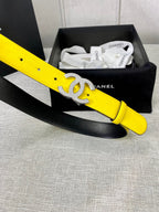 Chanel belt with bright yellow leather strap and gold CC logo buckle on box