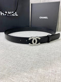 Chanel belt with black leather strap and silver-tone CC logo buckle