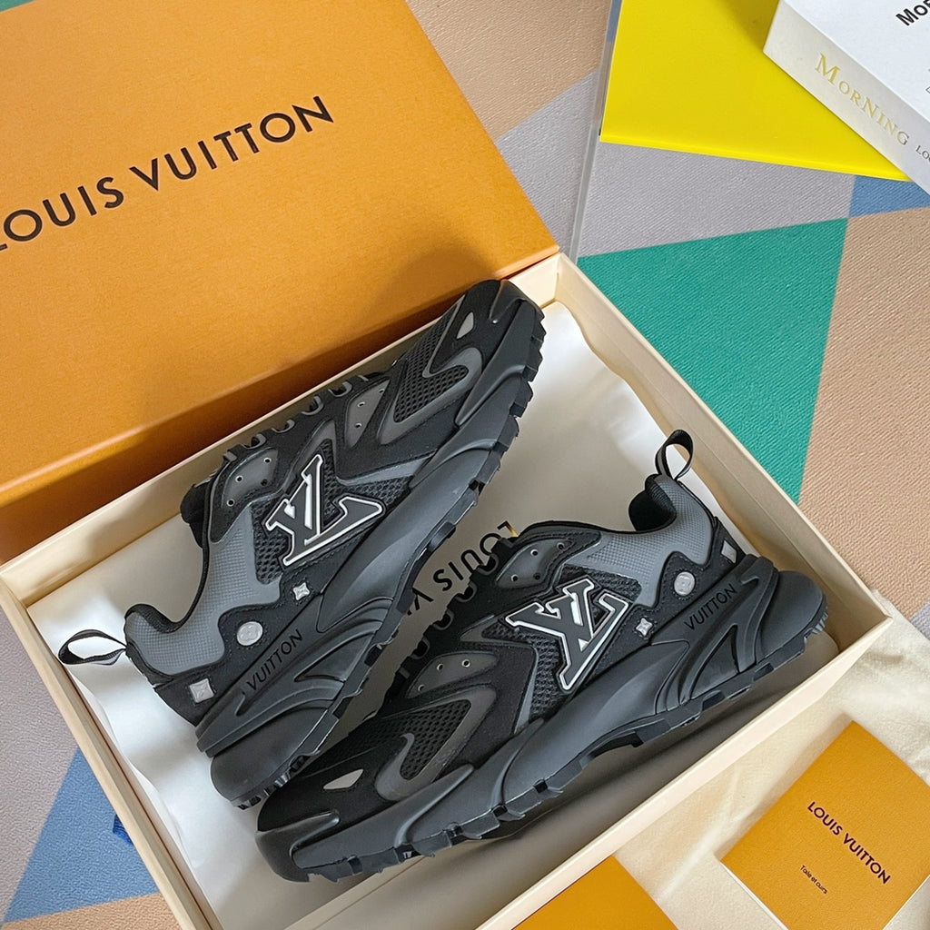 Louis Vuitton unisex sneakers, black/gray, lace-up with LV logo and chunky sole