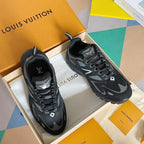 Louis Vuitton unisex sneakers, black/gray mesh uppers, lace-up, side LV logo