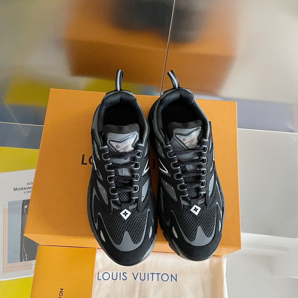 Louis Vuitton unisex sneakers, black/gray, rear view with high collar and LV heel logo