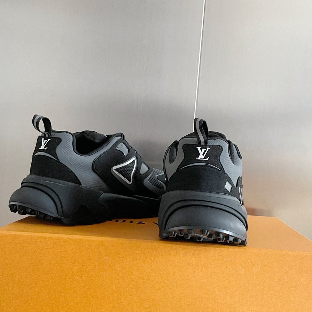 Louis Vuitton unisex sneakers, black/gray, back view with LV logos on heels