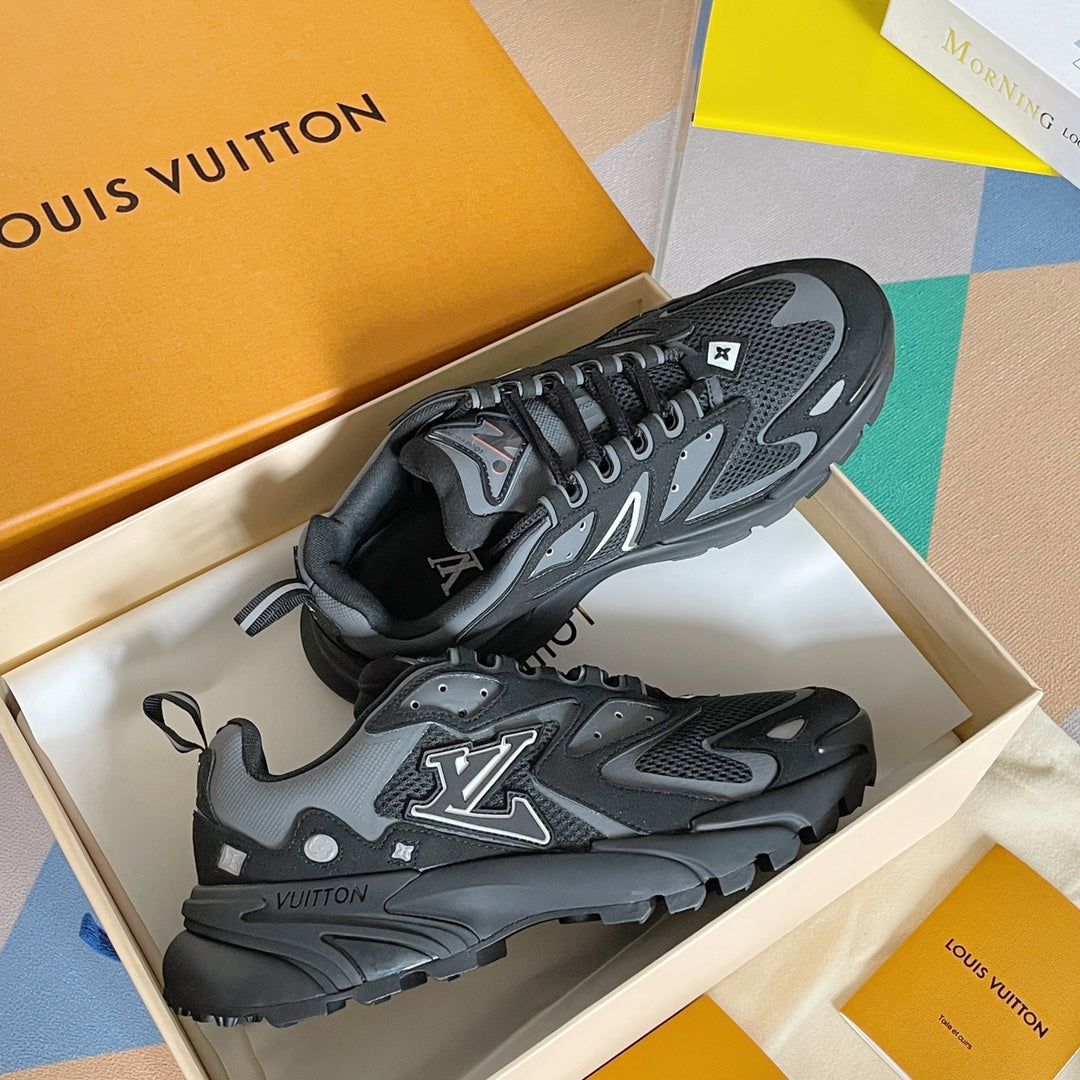 Louis Vuitton unisex sneakers, black/gray, lace-up with large LV emblem on sides