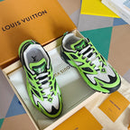 Neon green and white Louis Vuitton sneakers shown paired with lace-up front and sporty soles