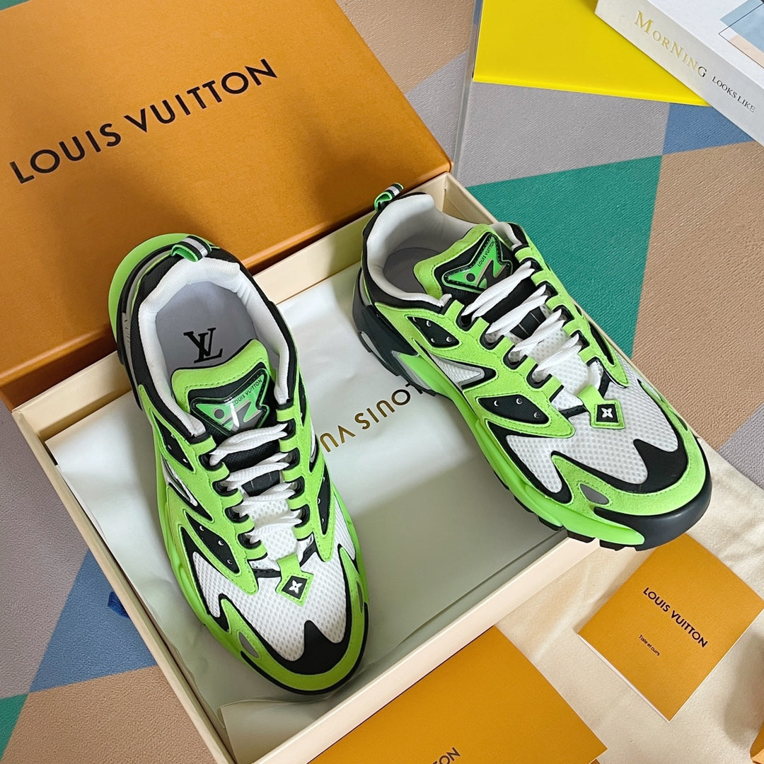 Neon green and white Louis Vuitton sneakers shown paired with lace-up front and sporty soles