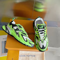 Louis Vuitton unisex sneakers in neon green and white with black accents and lace-up design