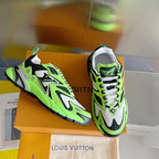 Louis Vuitton unisex sneakers in neon green and white with black accents and lace-up design