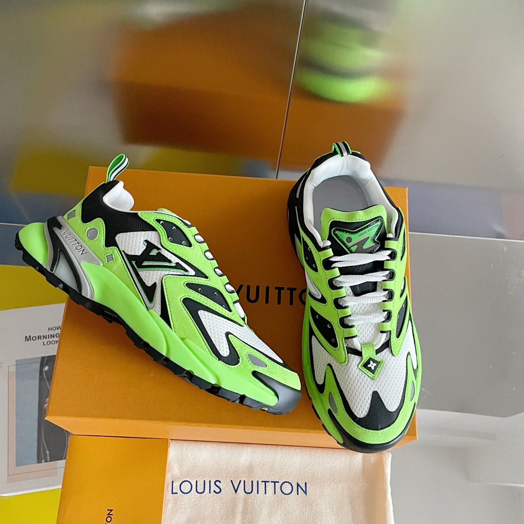 Louis Vuitton unisex sneakers in neon green and white with black accents and lace-up design