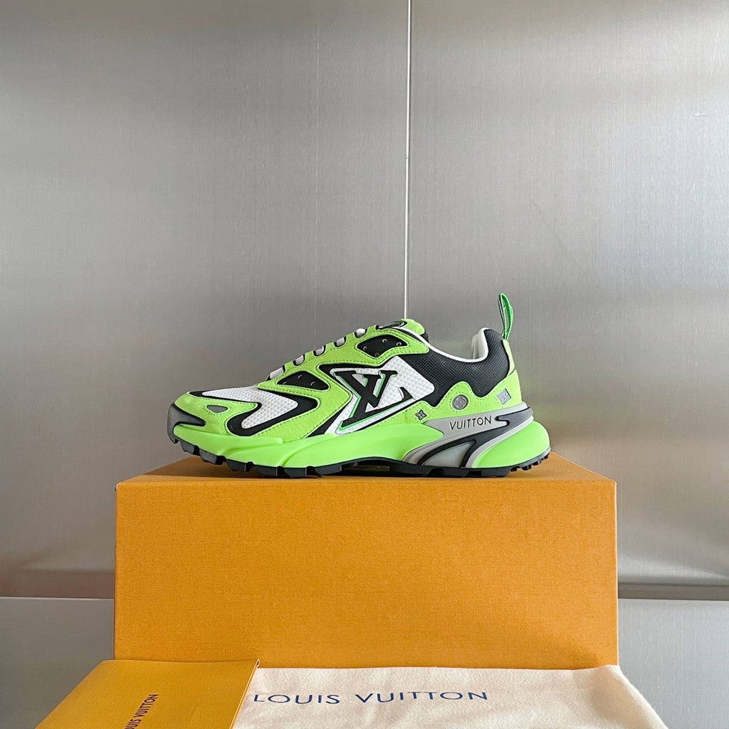 Louis Vuitton unisex sneakers on a box pedestal in neon green, white, and black colorway