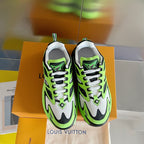 Louis Vuitton sneakers front view with neon green and white panels, black overlays, and laces