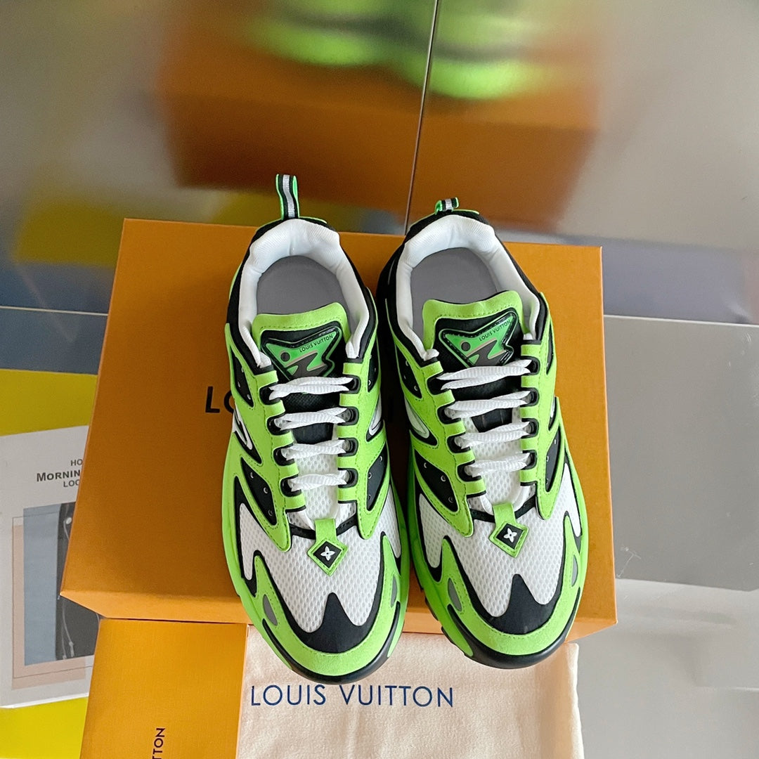 Louis Vuitton sneakers front view with neon green and white panels, black overlays, and laces