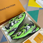 Paired Louis Vuitton neon green sneakers in retail box with black details and white laces