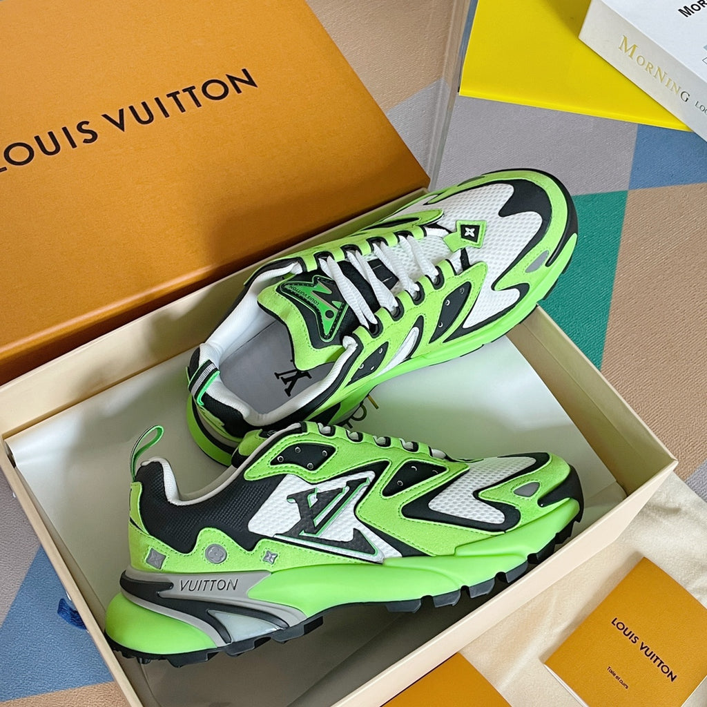 Neon green and white Louis Vuitton lace-up sneakers in open box, side view with logos