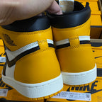 High-top sneakers heel and collar in dark blue with yellow ankle straps, white outsole