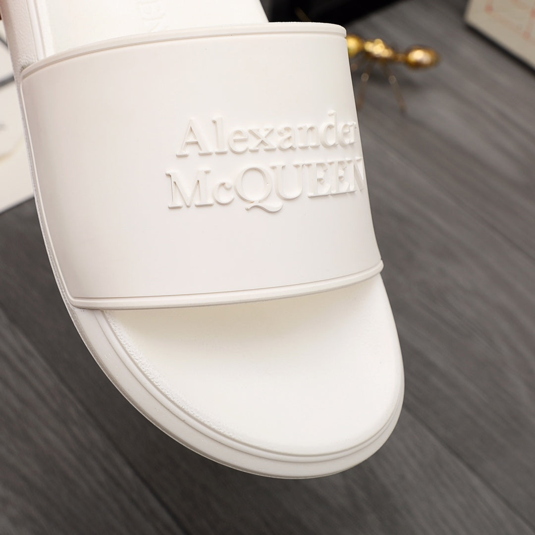 White slide sandal strap with embossed Alexander McQUEEN logo