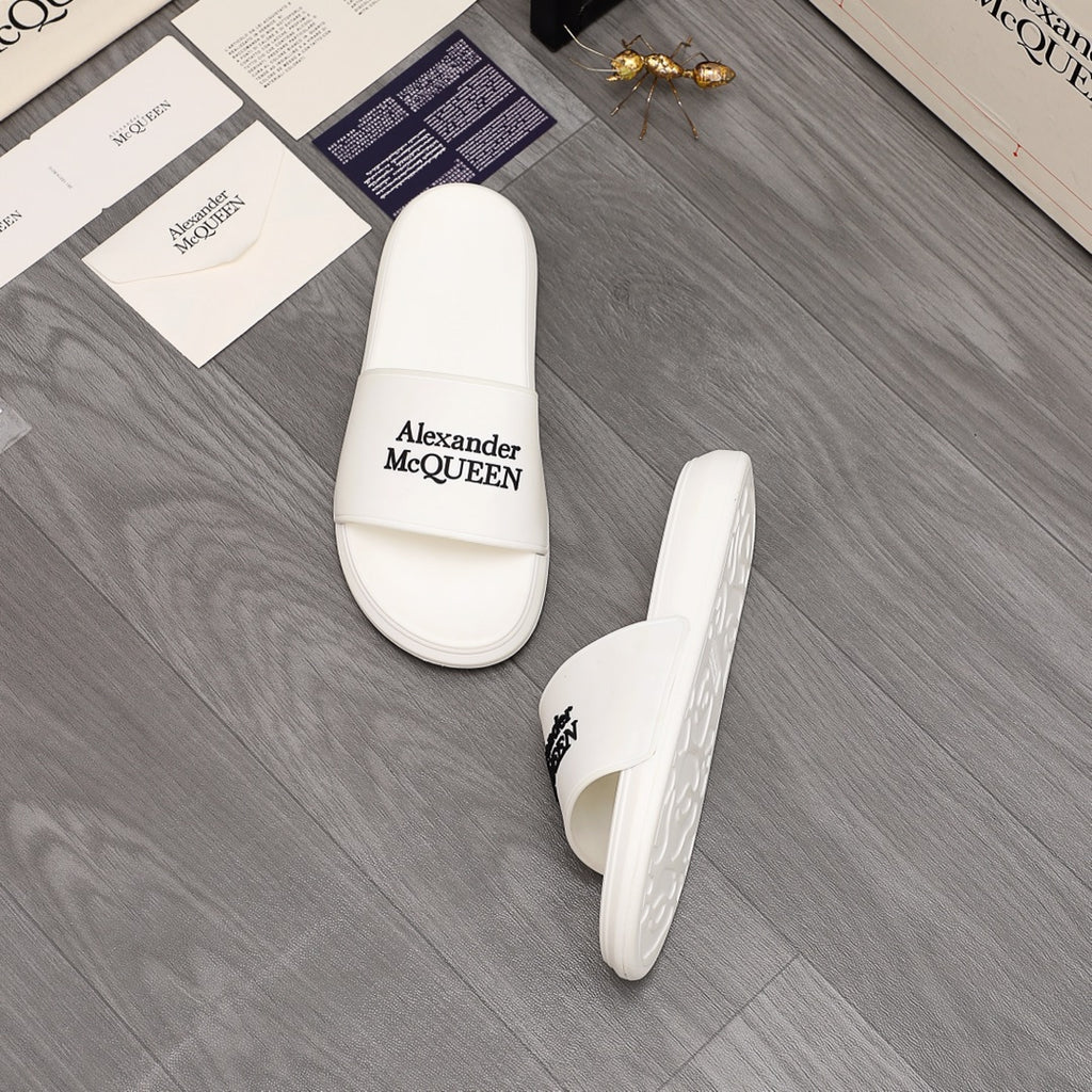 White slide sandal pair, Alexander McQUEEN logo on strap and side