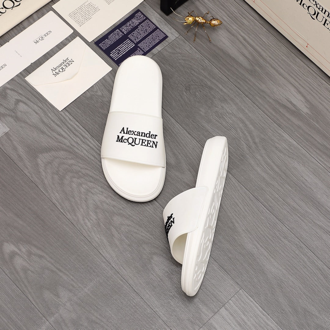 White slide sandal pair, Alexander McQUEEN logo on strap and side