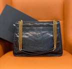 YSL Saint Laurent shoulder bag flap, dark blue leather with gold chain handle