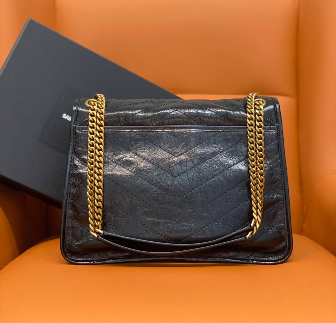 YSL Saint Laurent shoulder bag flap, dark blue leather with gold chain handle