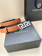 Versace belt with tan leather strap and gold logo buckle