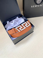 Versace belt with tan leather strap and gold logo buckle in gift box