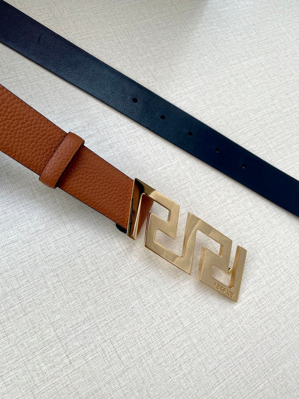 Versace belt with brown leather strap and gold logo buckle