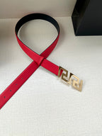 Versace red belt with gold-tone FF buckle, strap looped at end