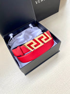 Versace red belt in gift box with gold-tone FF buckle center