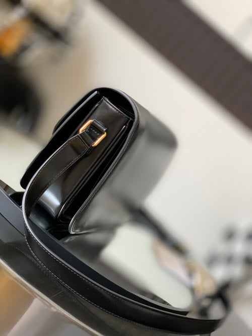 Celine leather crossbody bag angled view with top handle and gold buckle closure