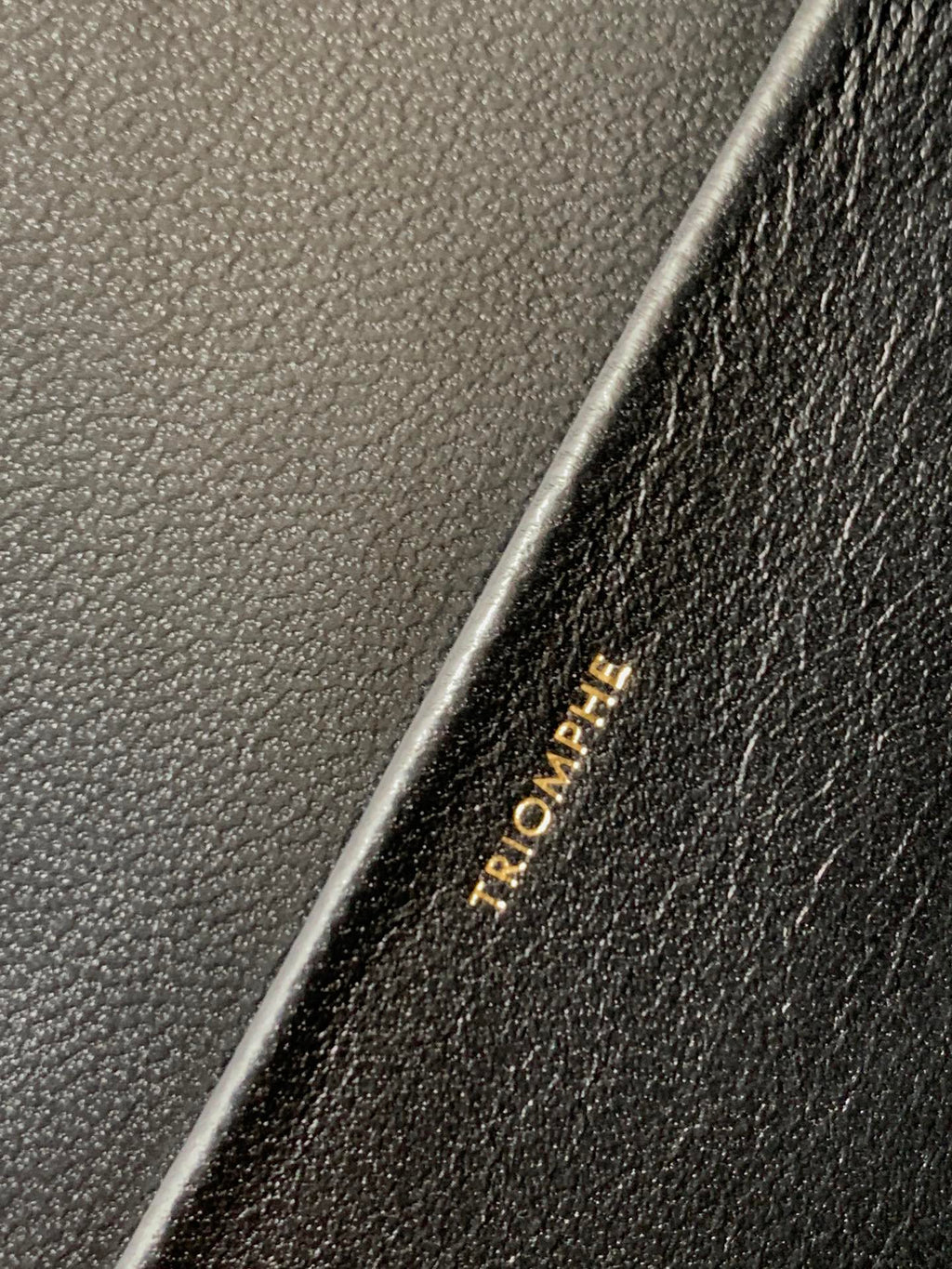 Celine leather bag close-up of gold stamped text near seam
