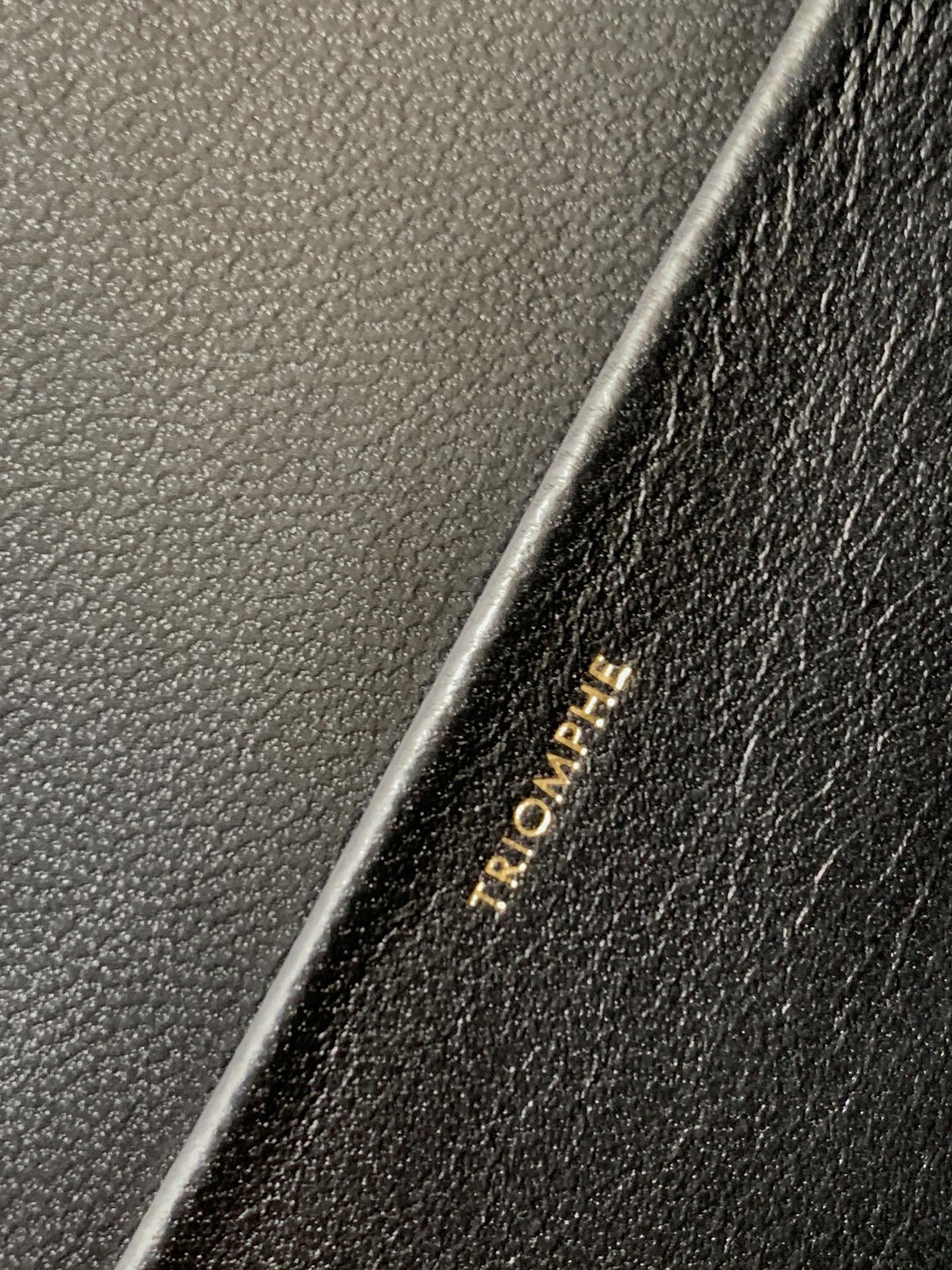 Celine leather bag close-up of gold stamped text near seam