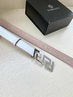 White leather belt with light pink underside and silver-tone FF buckle