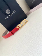 Versace belt in red leather with light pink strap edge and gold Greek-key buckle
