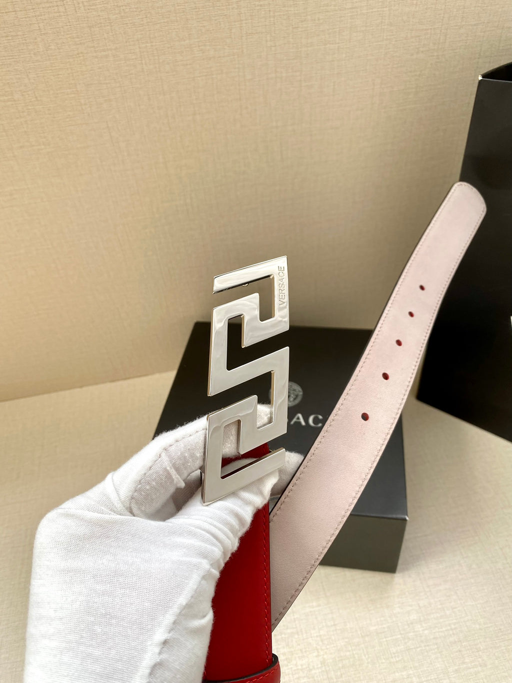Versace belt with pale pink leather strap and large gold Greek-key buckle