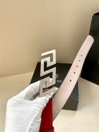 Versace belt with pale pink leather strap and large gold Greek-key buckle